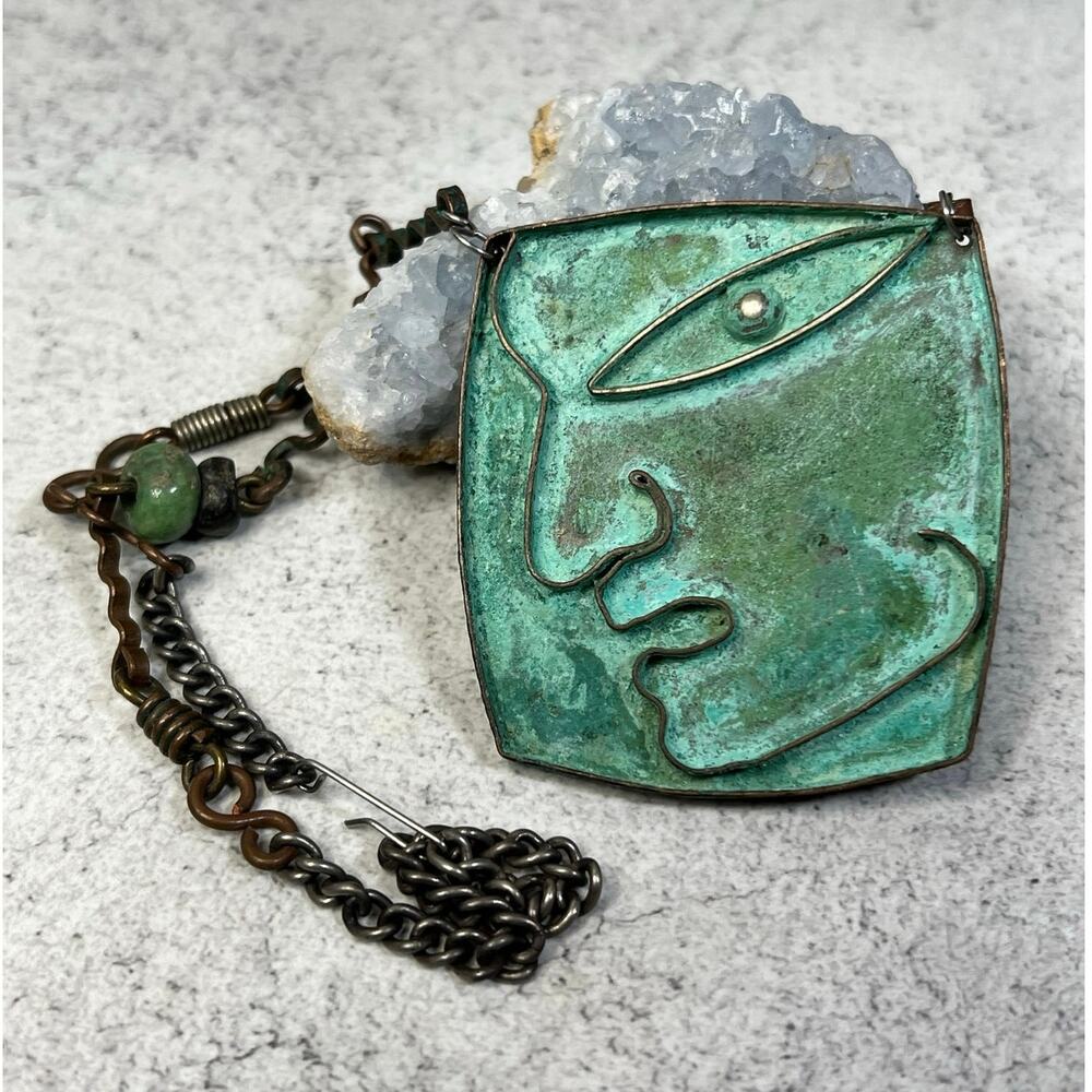 Rare vintage Ken Beldin large pendant mid-century Mexican mixed metal primitive